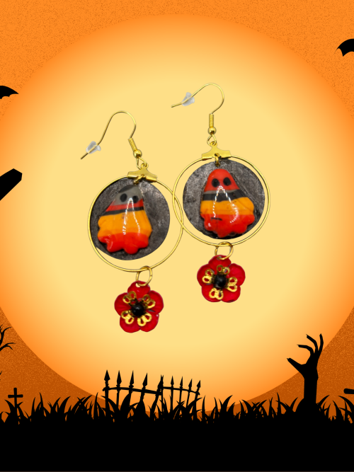 Boucles d'oreilles fantôme multicolore et son coquelicot HWF7