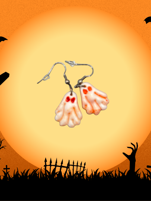 Boucles d'oreilles fantôme aux yeux rouge et reflets orangés (modèle b) HWF11