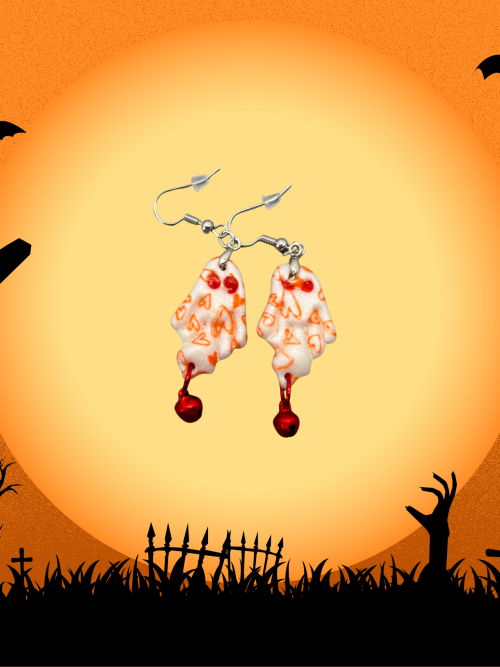 Boucles d'oreilles fantôme habillé de cœur et son boulet rouge HWF12